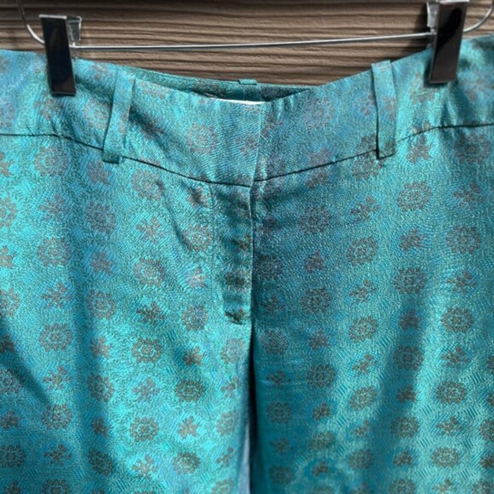 RARE EUC Margaret O'Leary Brocade Aqua & Green Wide-Leg Dress Pants